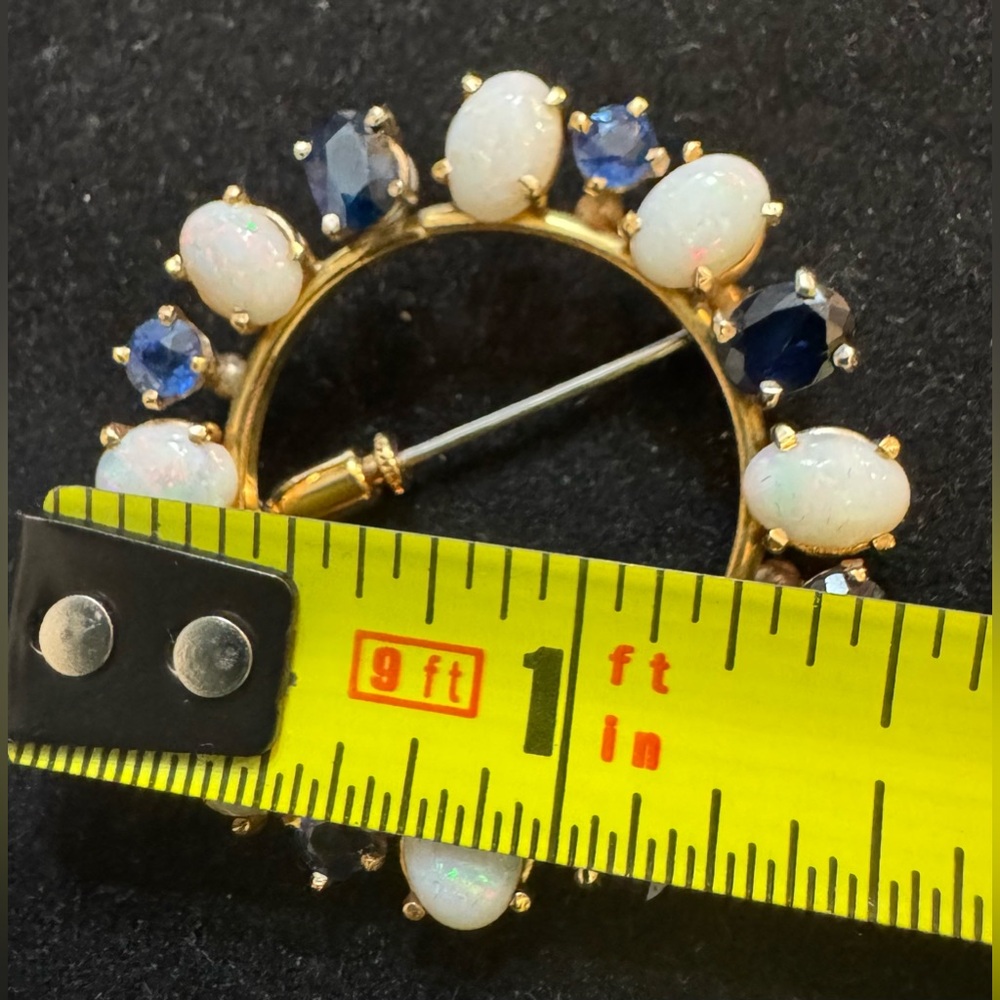 Vtg 14K? Yellow Gold Opal & Sapphire Circle Brooch Screw Lock Pin Mid-Century 8g - Picture 16 of 16